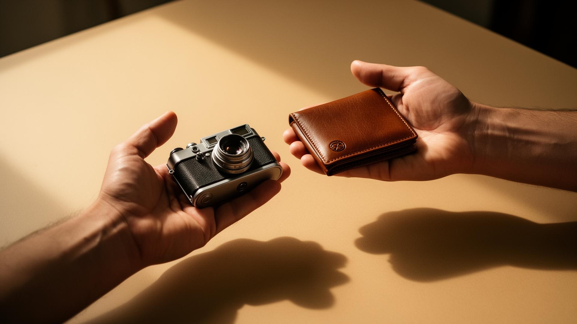 Two hands trading a vintage camera for a leather wallet across a warm-lit table.