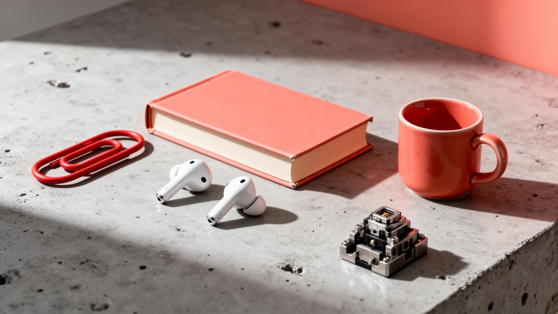 Flat lay of starter trade items on concrete: paperclip, earbuds, book, mug, keycap.