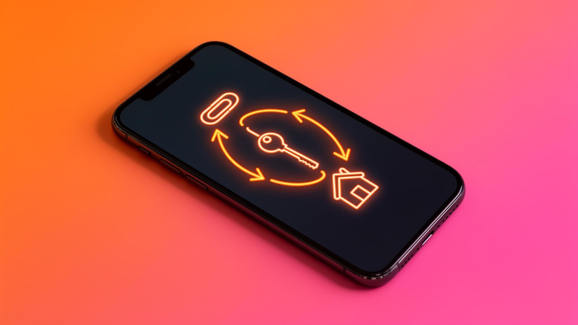 A smartphone showing a glowing chain of items from paperclip to house.