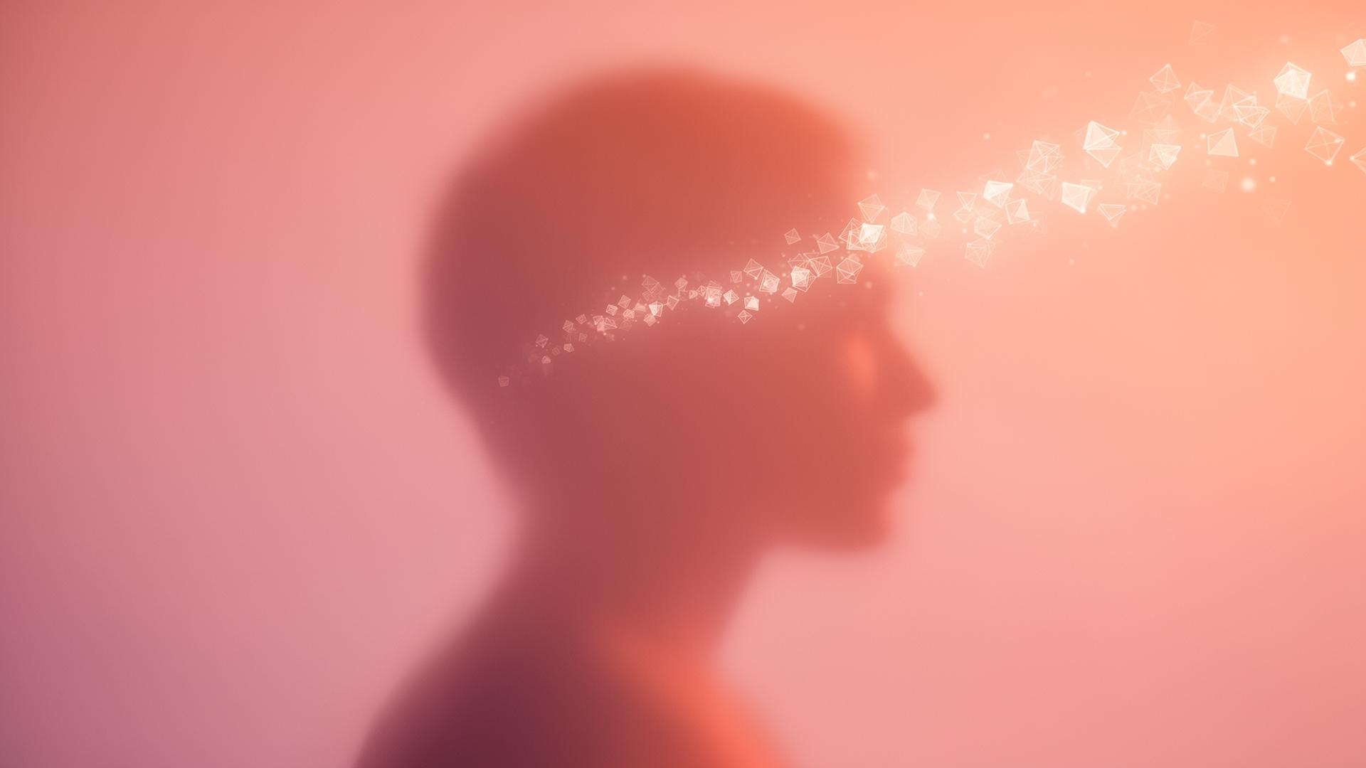 A silhouette of a head with a glowing chain of geometric shapes flowing outward.