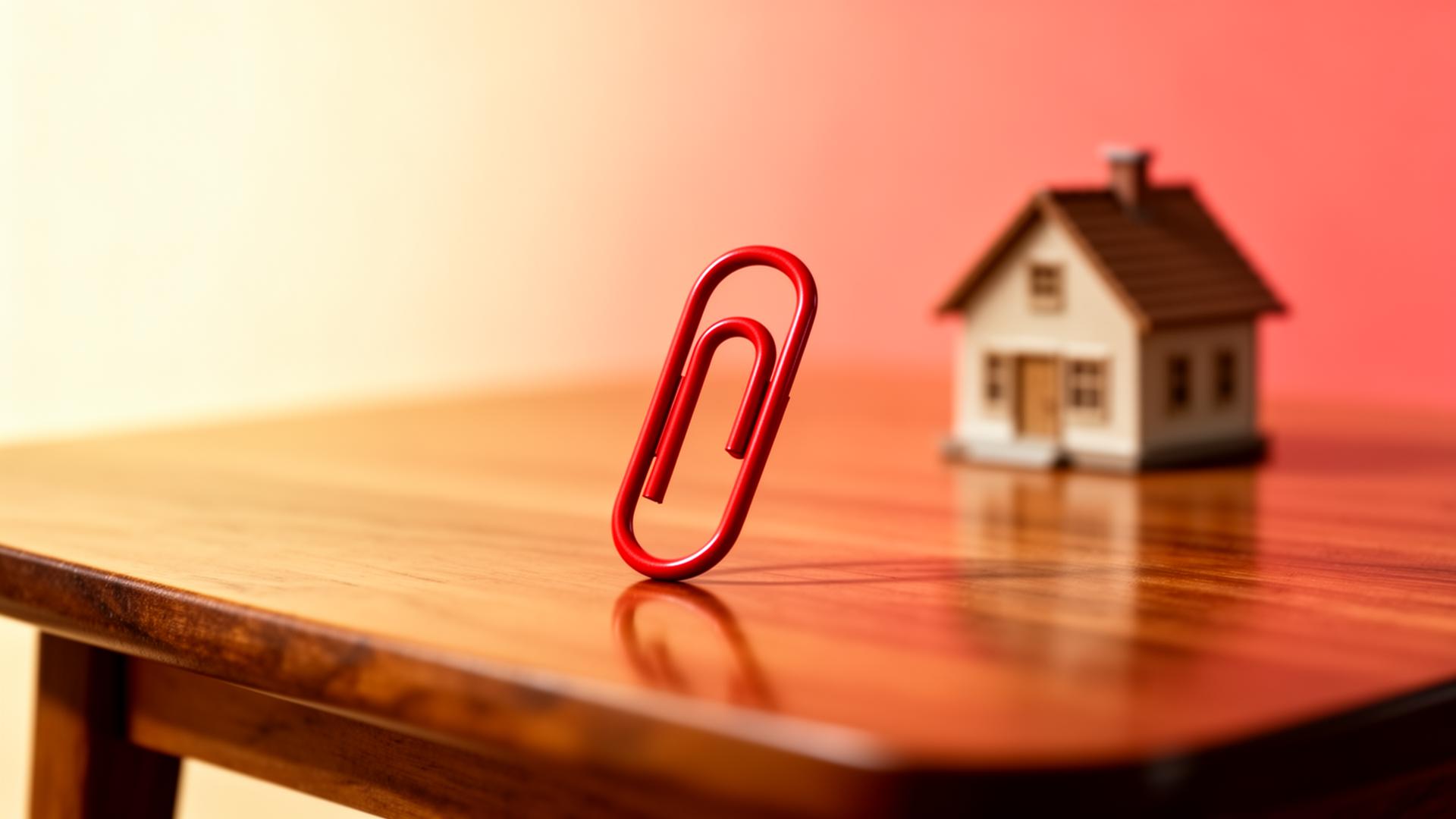 A single red paperclip on a wooden table with a small house in the background.