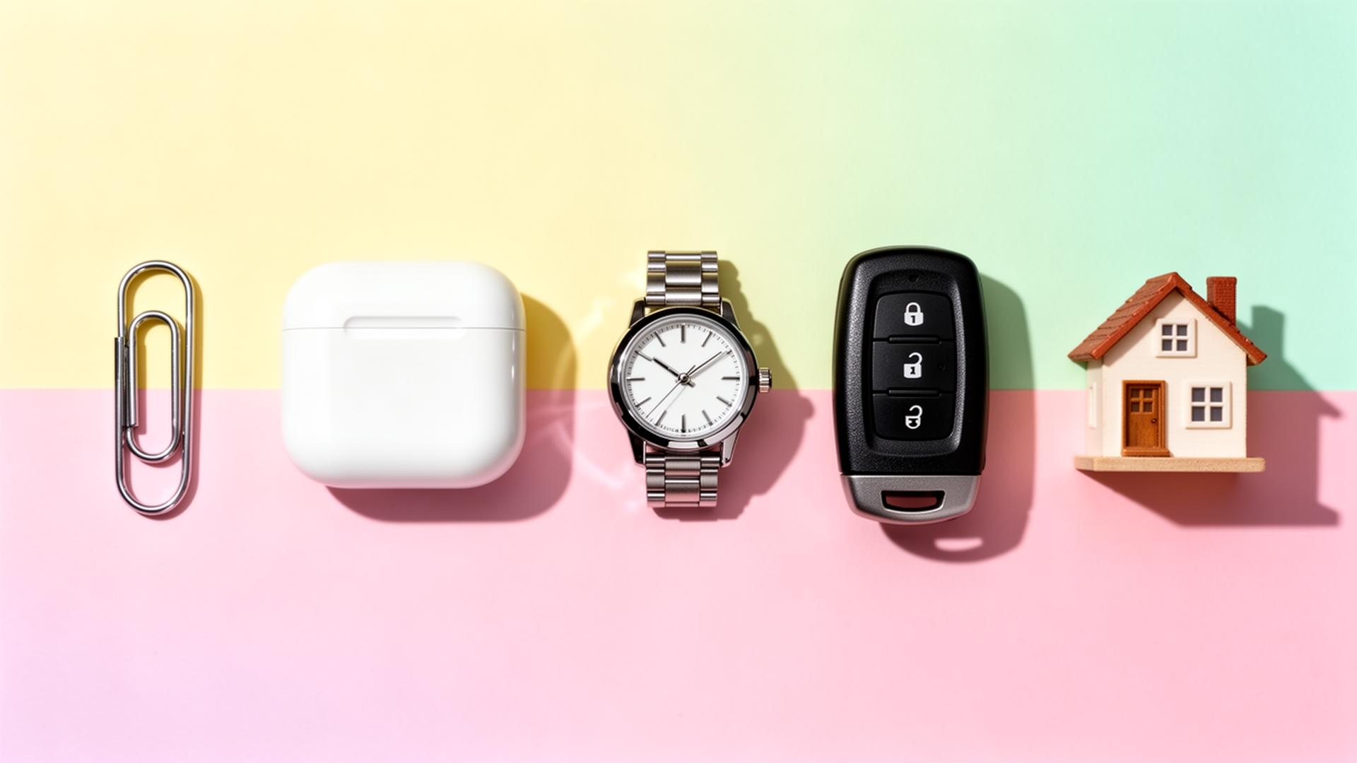 A row of trade-up items: paperclip, AirPods, watch, car key, model house.